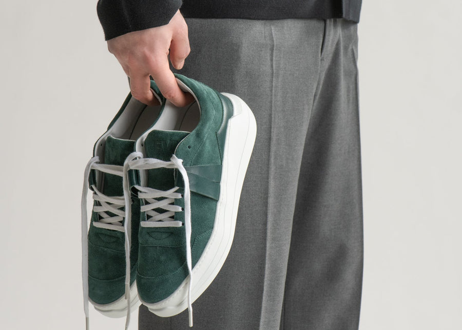 EVI G025 Sneakers en cuir velours vert et cuir nappa vert - Luxe - Made in France